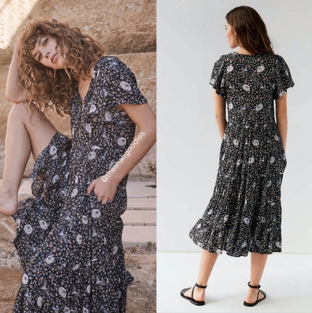 AUGUSTE THE LABEL Valentina Fiesta Midi Dress Floral Tiered Boho Metallic S